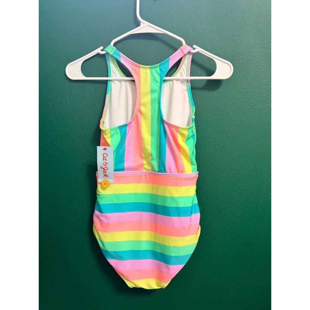 Cat & Jack Rainbow Stripe Racerback 1pc Swim Bathing Suit Large 10/12 NEW NWT